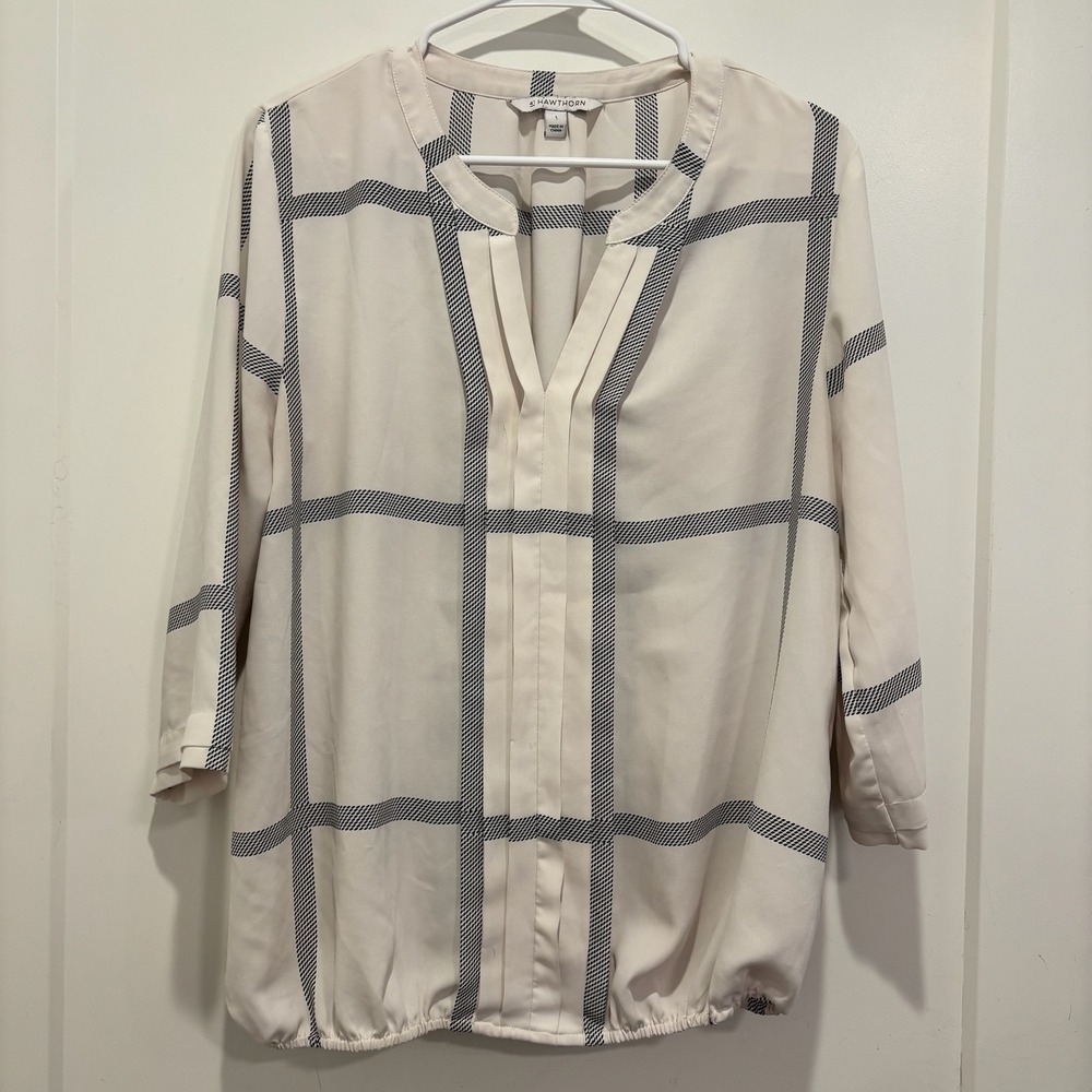 41 Hawthorn Cream Black Grid V-Neck Bubble Hem Blouse Large 3/4 Sleeve Top